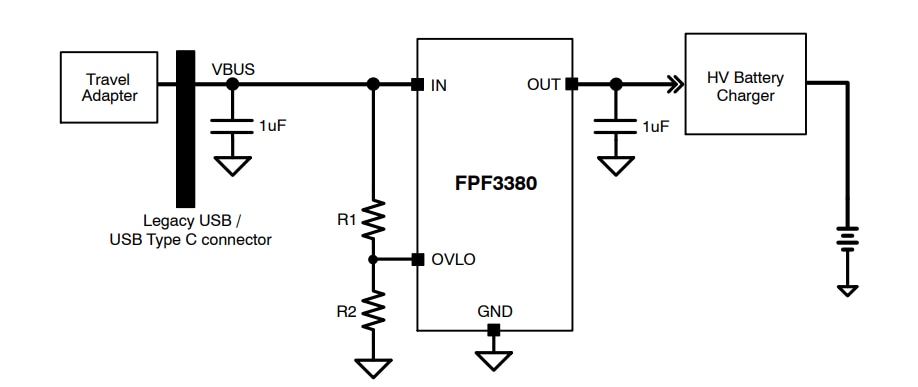 Application Circuit Diagram - ON Semiconductor FPF3380UCX过压保护负载开关